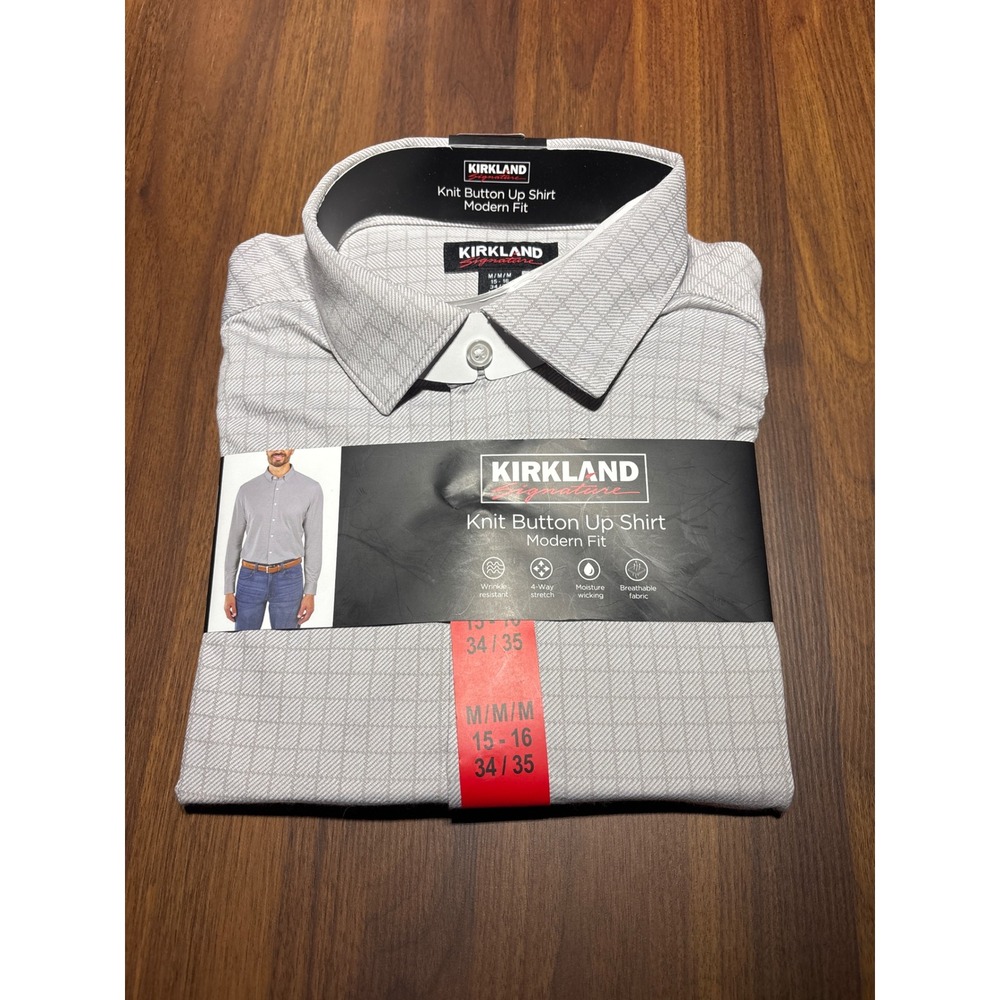 Kirkland Signature Mens Modern Fit Knit Button Up Shirt M 15-16 34-35 Grey Plaid